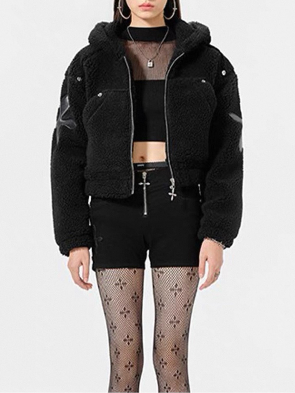 Women's Black Hooded Teddy Jacket with Zip